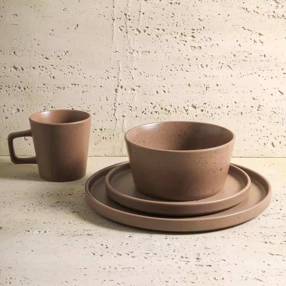 16-Piece Stoneware Dinnerware Set in Matte Brown - Service for 4 FastFurnishings