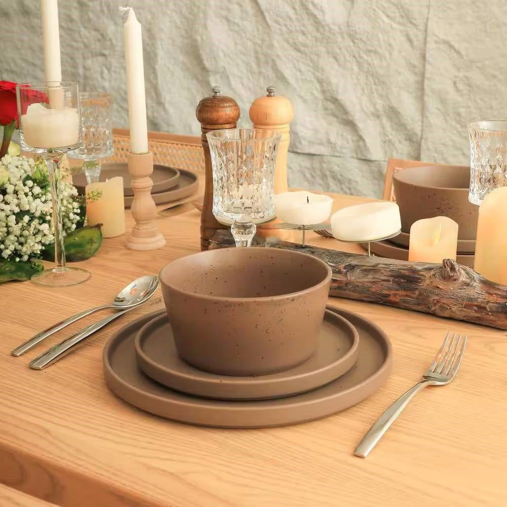 16-Piece Stoneware Dinnerware Set in Matte Brown - Service for 4 FastFurnishings