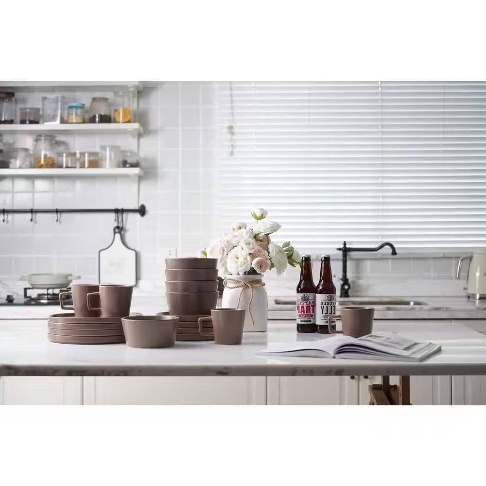 16-Piece Stoneware Dinnerware Set in Matte Brown - Service for 4 FastFurnishings