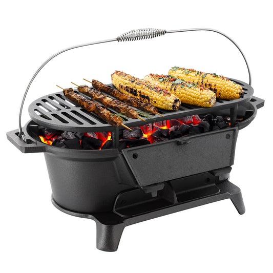 MegaChef Oval Cast Iron Portable Hibachi Grill for Outdoor Use and Camping in Black W2B