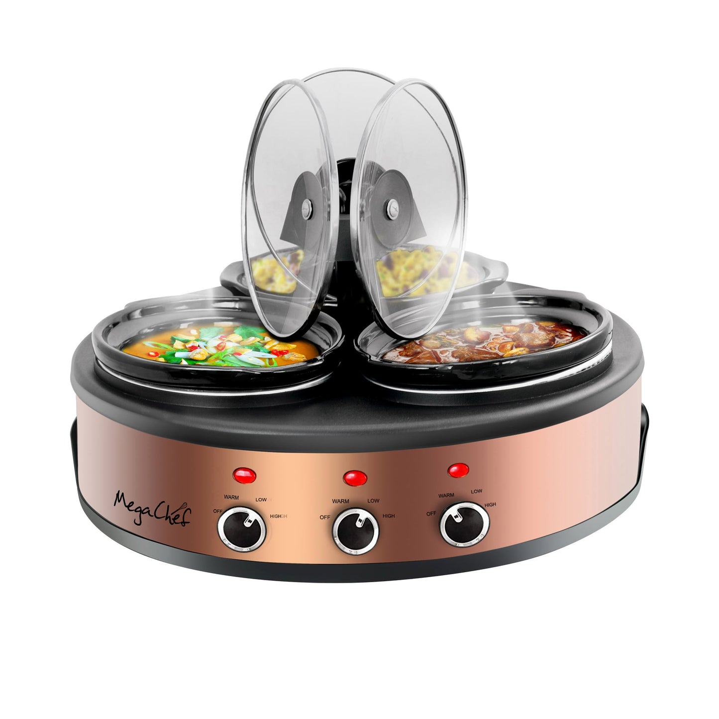 MegaChef Round Triple 1.5 Quart Slow Cooker and Buffet Server in Brushed Copper and Black Finish with 3 Ceramic Cooking Pots and Removable Lid Rests W2B