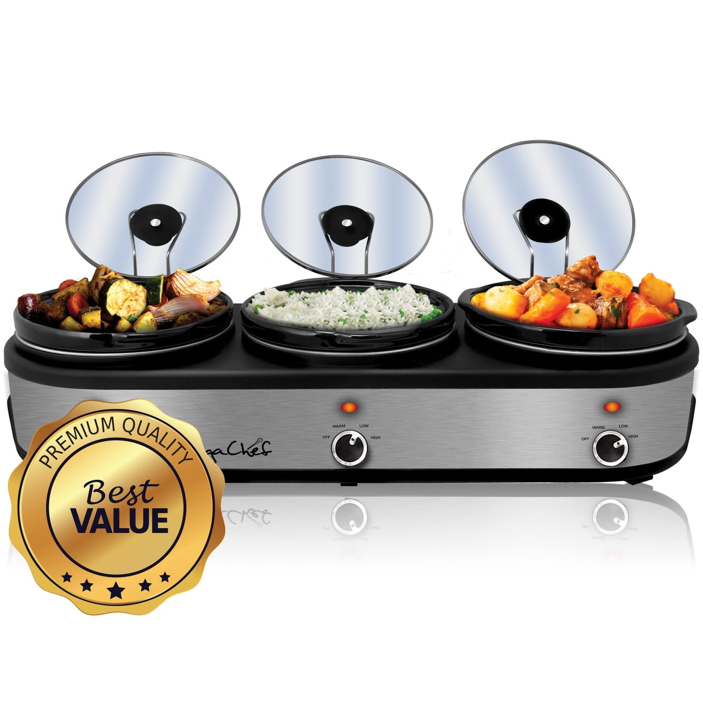 MegaChef Triple 2.5 Quart Slow Cooker and Buffet Server in Brushed Silver and Black Finish with 3 Ceramic Cooking Pots and Removable Lid Rests W2B