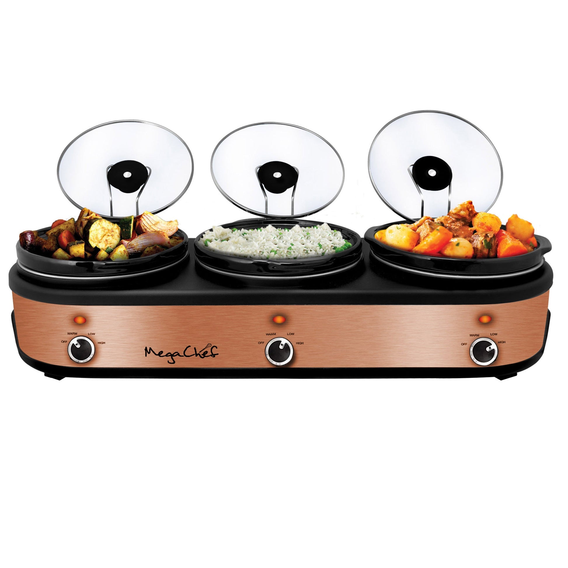 MegaChef Triple 2.5 Quart Slow Cooker and Buffet Server in Brushed Copper and Black Finish with 3 Ceramic Cooking Pots and Removable Lid Rests W2B