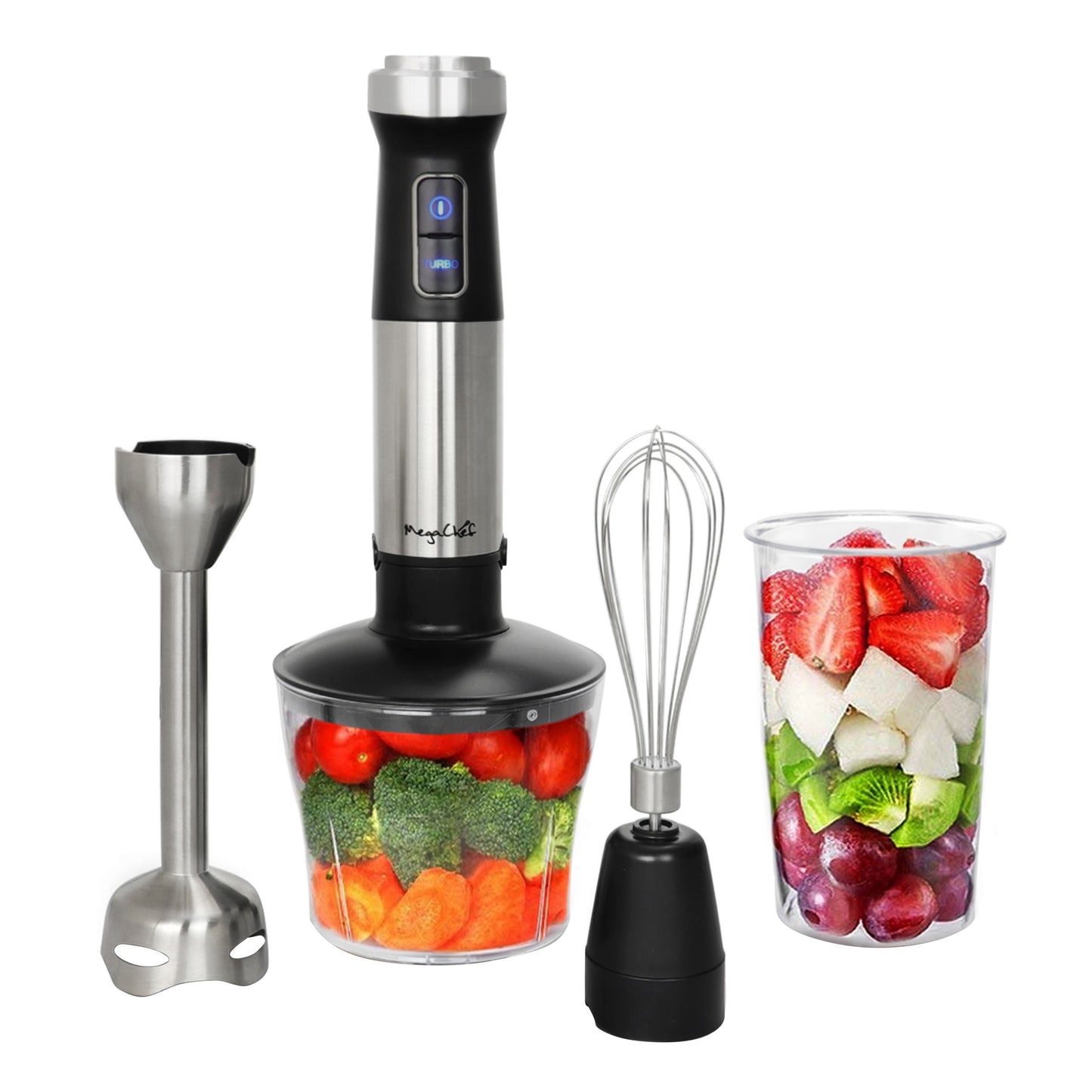MegaChef 4 in 1 Multipurpose Immersion Hand Blender With Speed Control and Accessories W2B