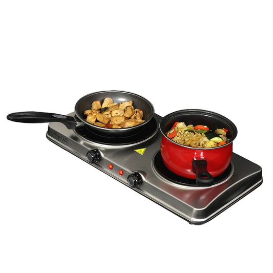 MegaChef Electric Easily Portable Heavy Duty Lightweight Dual Size Infrared Burner Cooktop Buffet Range in Sleek Steel W2B