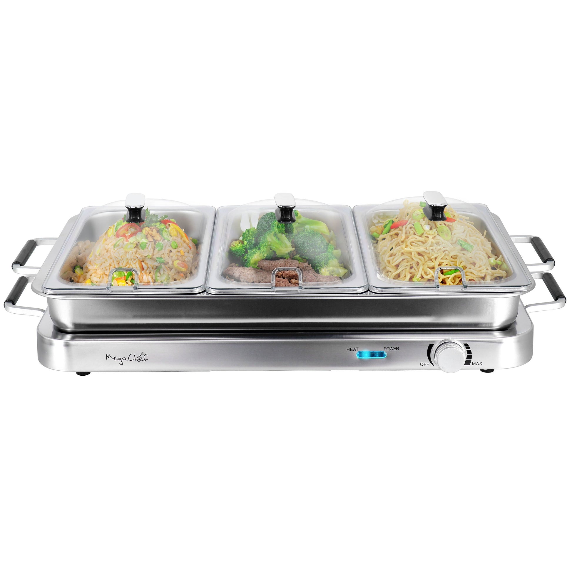 MegaChef 3-in-1 Electric Chaffing Buffet Server and Warming Tray with Triple 2.63 Quart Trays and 8.6 Quart Baking Pan W2B
