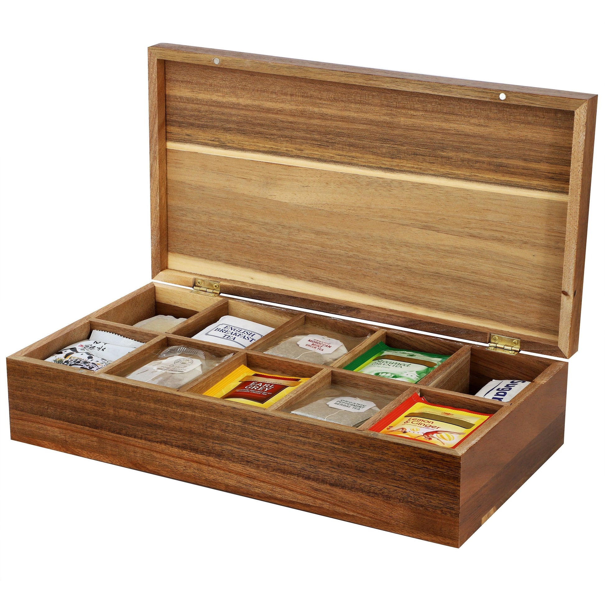 MegaChef Acacia Wood 14.25 x 7.5 Inch 10 Compartment Tea Box W2B