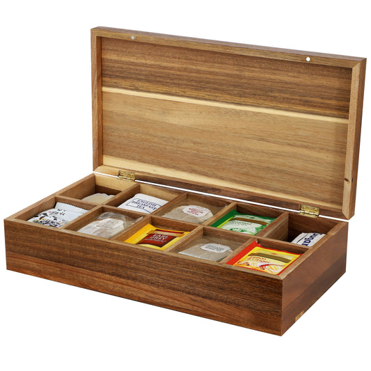 MegaChef Acacia Wood 14.25 x 7.5 Inch 10 Compartment Tea Box W2B