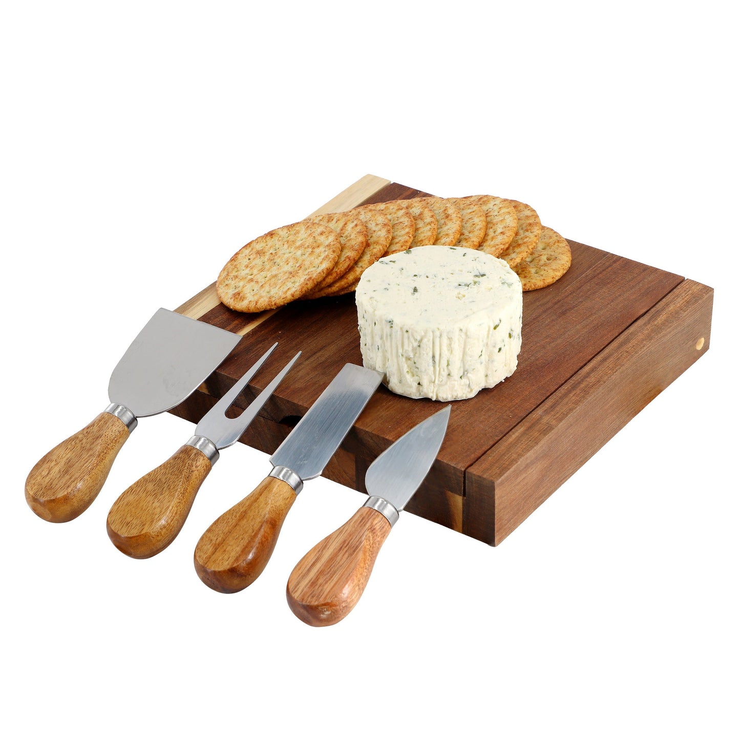MegaChef Acacia Wood 5 Piece Square Cheese Board with Knife Set W2B