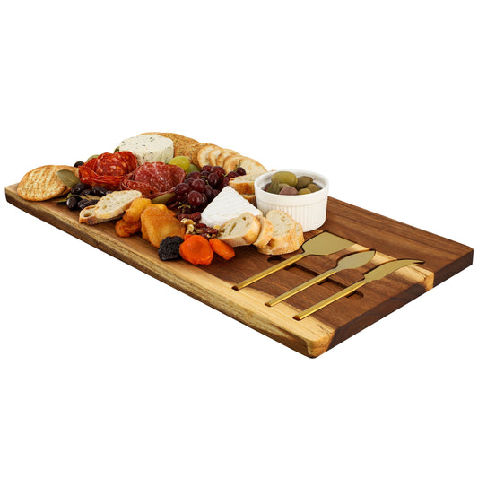 MegaChef 21 x 11 Inch Acacia Wood Cheese Board with 3 Piece Knife  Set W2B