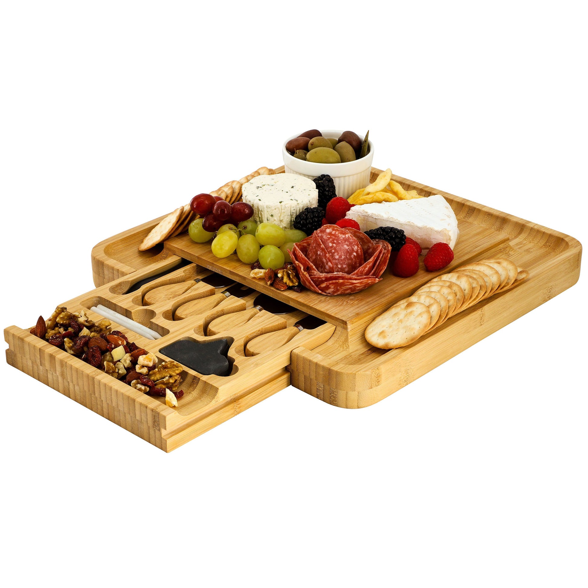 MegaChef Bamboo Charcuterie Cheese Board with Slide Out Drawer with Cheese Utensils, Bottle Opener, and 3 Piece Mini Chalkboard Set W2B