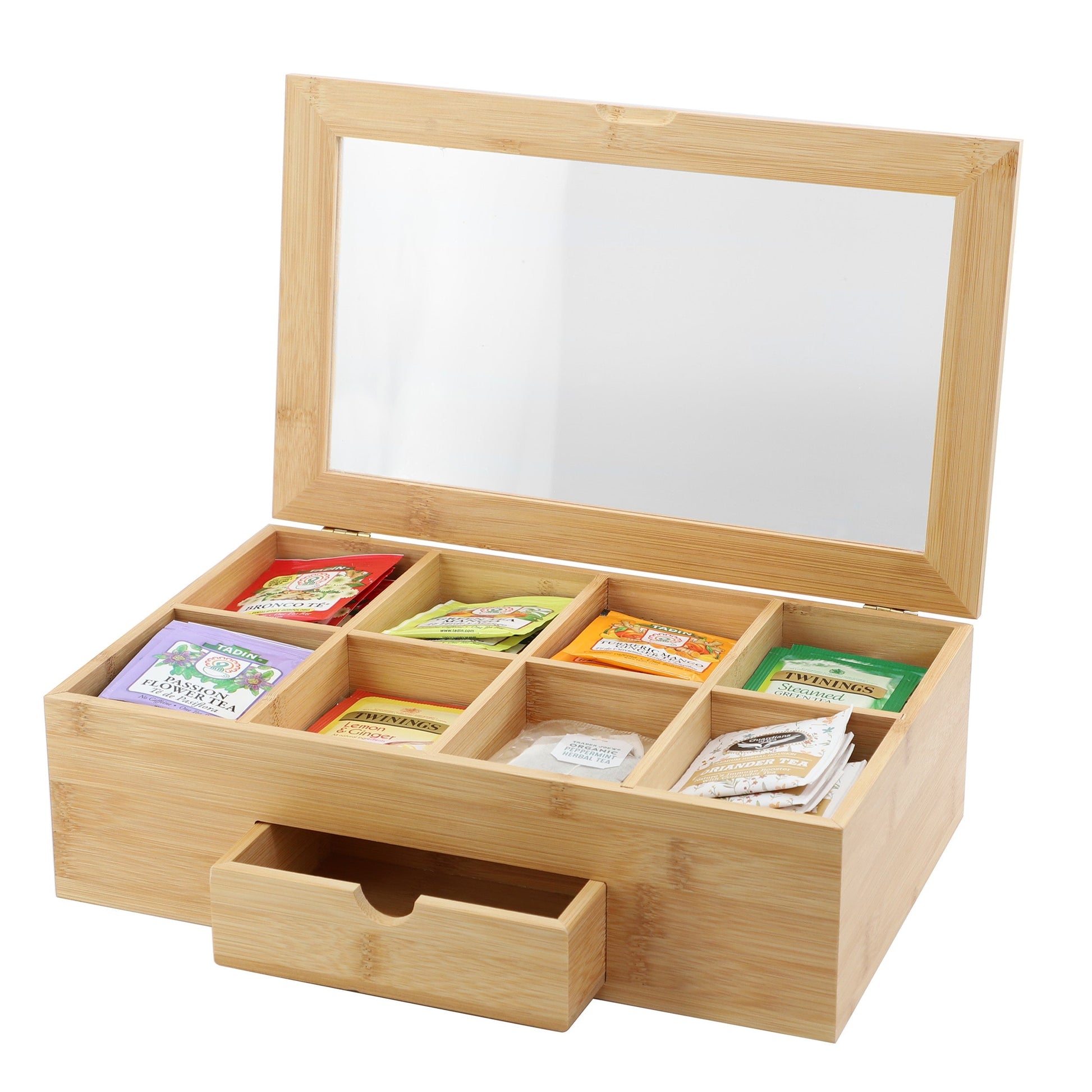 MegaChef 13 x 8 Inch Bamboo Tea Box Organizer with Acrylic Top Window W2B
