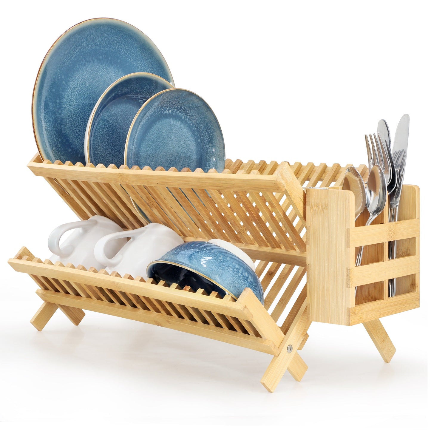 MegaChef 2-Tier Collapsible Kitchen Bamboo Drying Dish Rack with Utensil Holder W2B