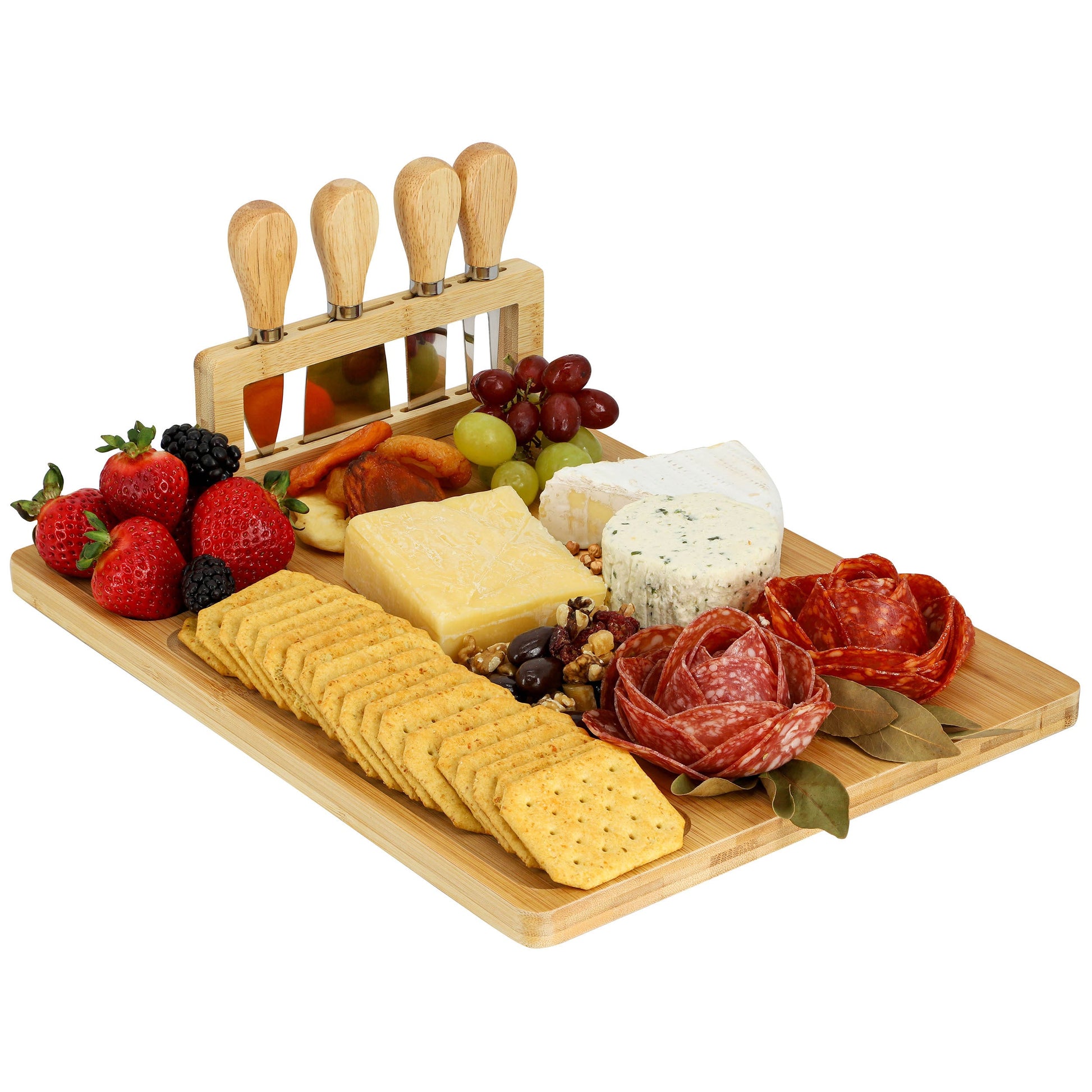 MegaChef Bamboo Charcuterie and Cheese Board with Knife Stand Attachment and 4 Piece Knife Set W2B
