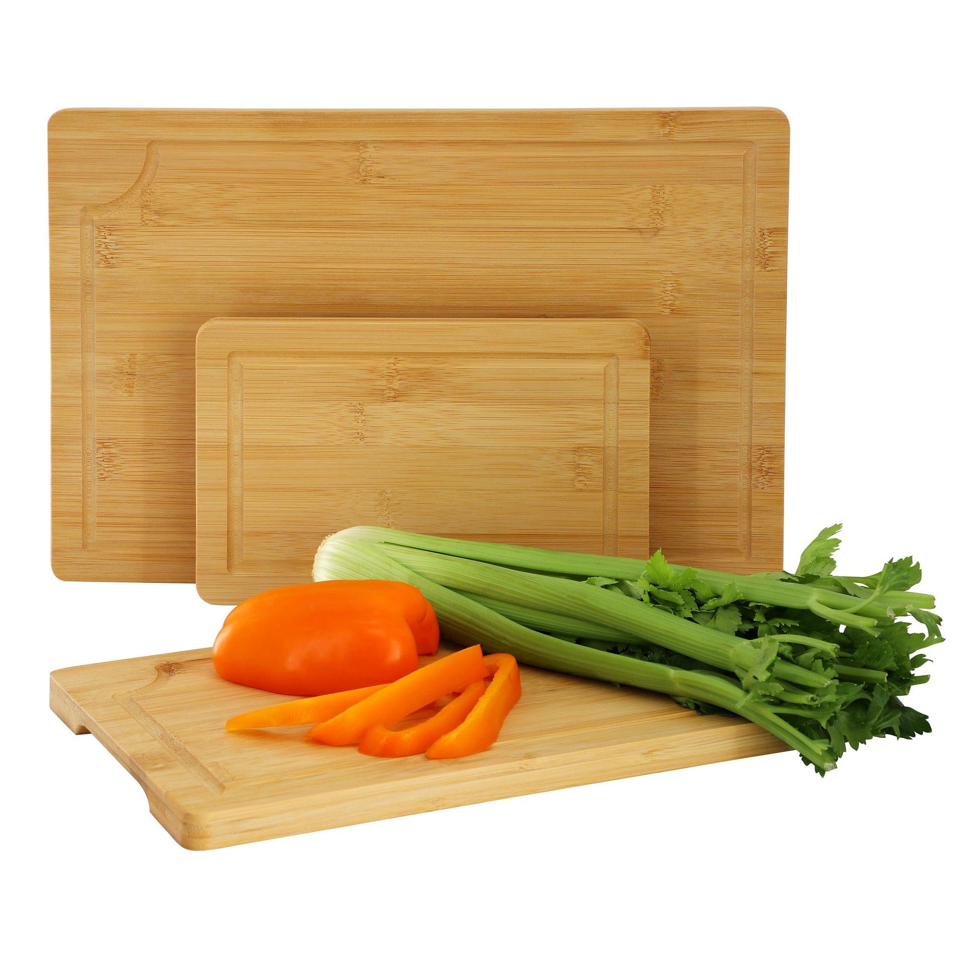 MegaChef 3 Piece 9 Inch, 12 Inch, and 15 Inch Bamboo Wood Cutting Board Set with Juice Grooves W2B