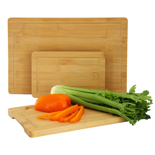 MegaChef 3 Piece 9 Inch, 12 Inch, and 15 Inch Bamboo Wood Cutting Board Set with Juice Grooves W2B