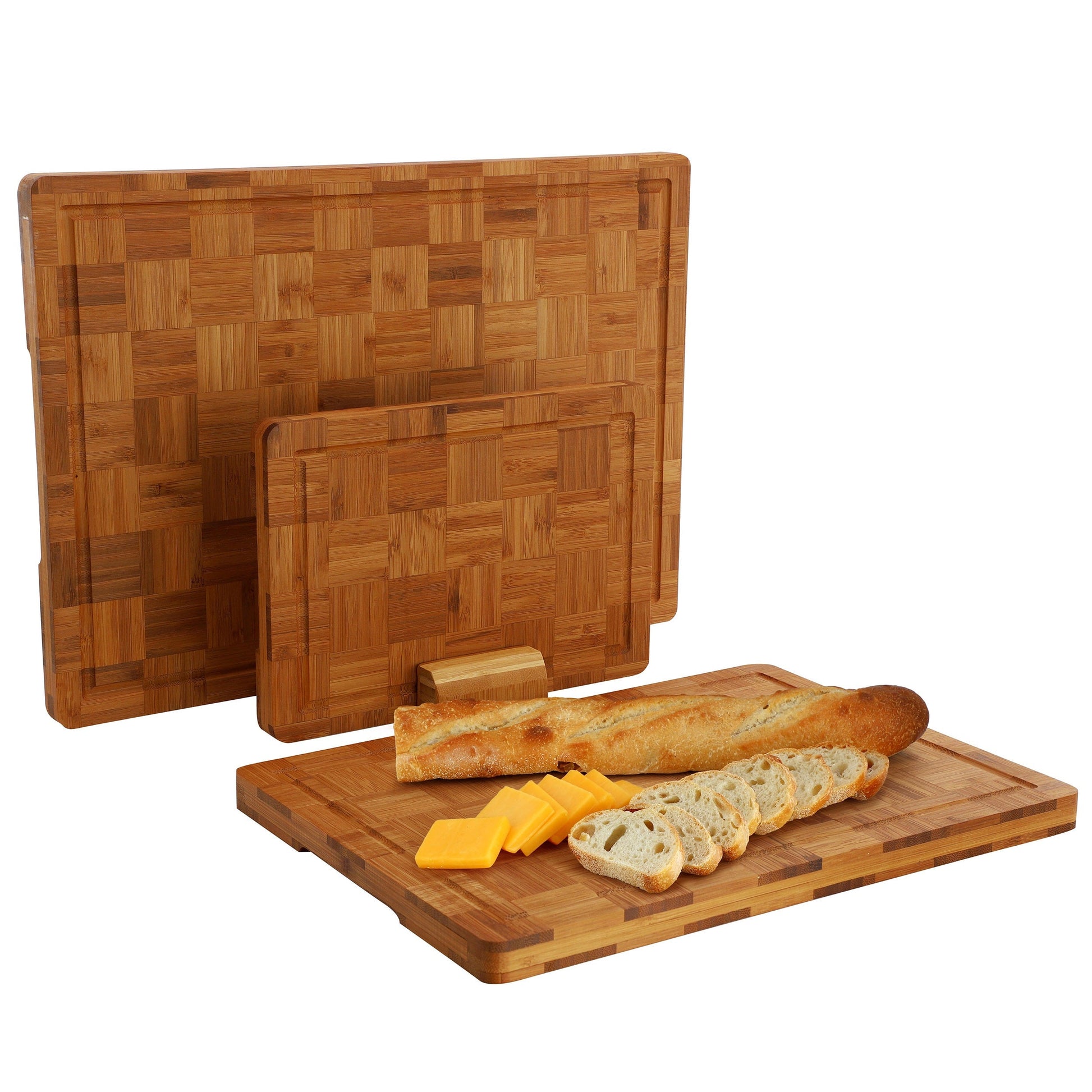 MegaChef 3 Piece Bamboo Checkered Pattern Cutting Board Set with Storage Holder W2B