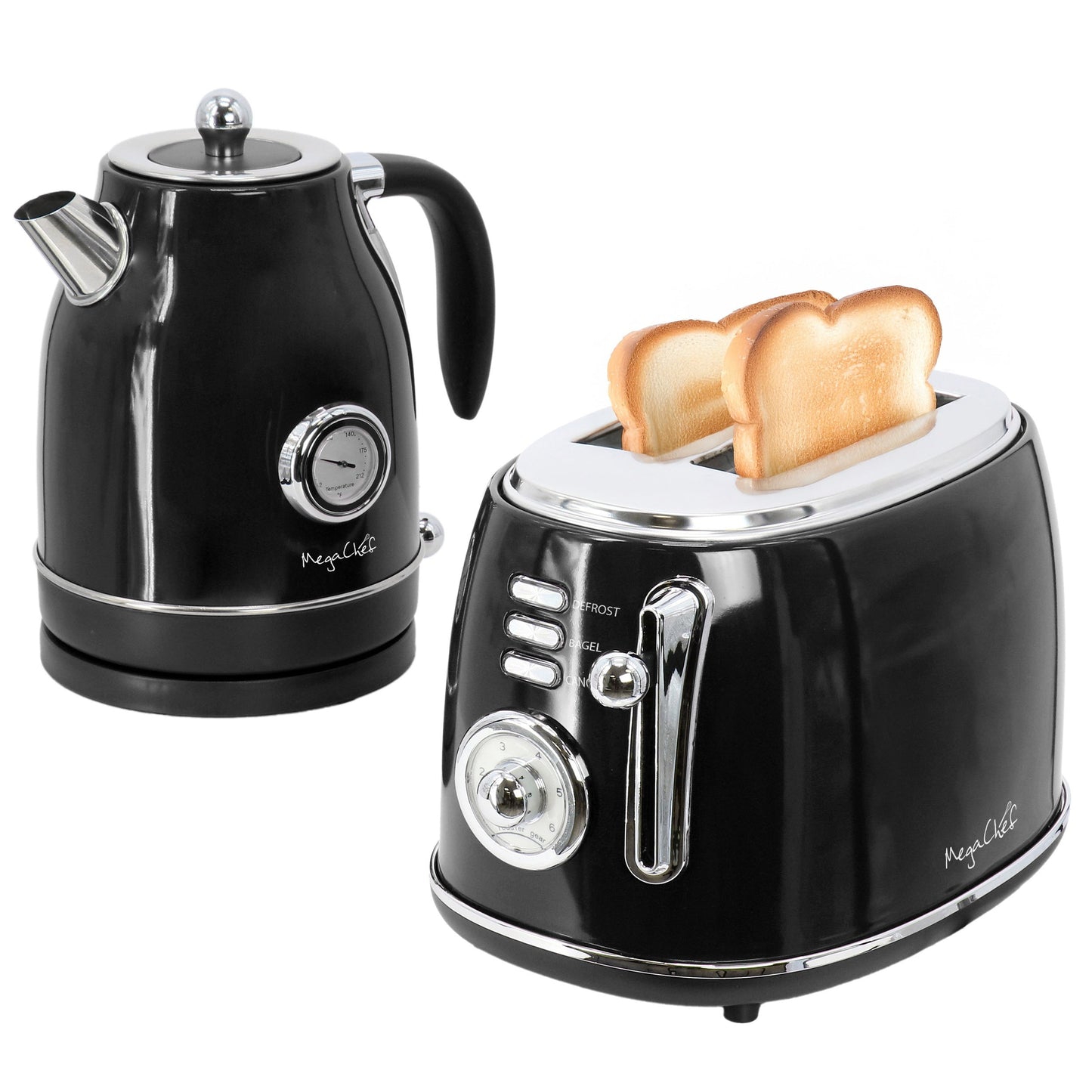 MegaChef 1.8 Quart Electric Tea Kettle and 2 Slice Toaster Combo in Black W2B