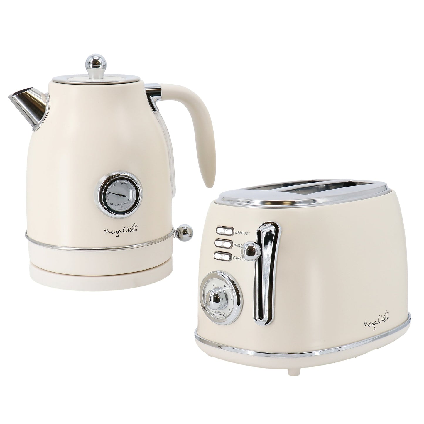 MegaChef 1.8 Quart Electric Tea Kettle and 2 Slice Toaster Combo in Matte Cream W2B
