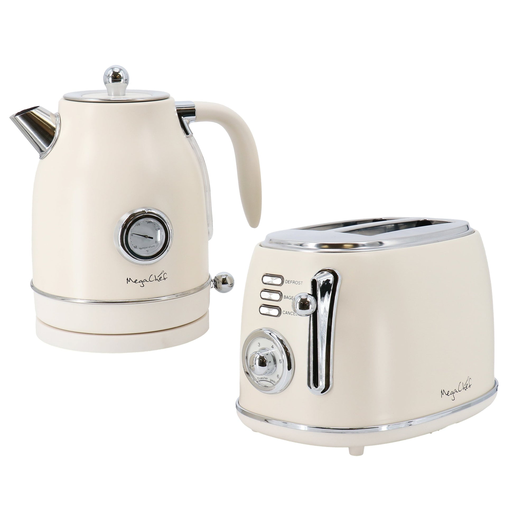 MegaChef 1.8 Quart Electric Tea Kettle and 2 Slice Toaster Combo in Matte Cream W2B