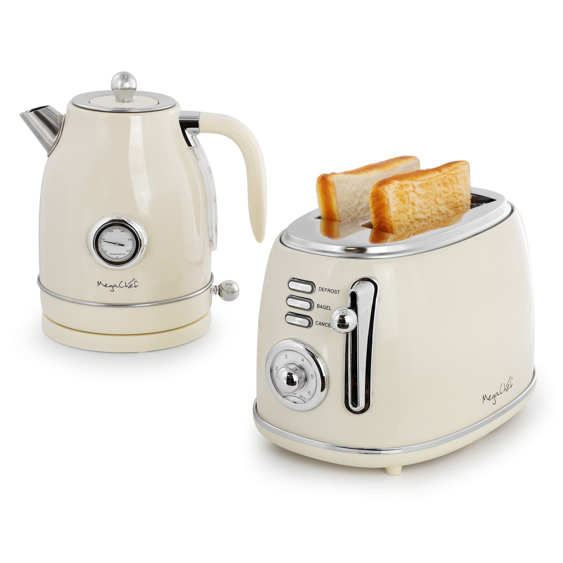 MegaChef 1.8 Quart Electric Tea Kettle and 2 Slice Toaster Combo in Gloss Cream W2B