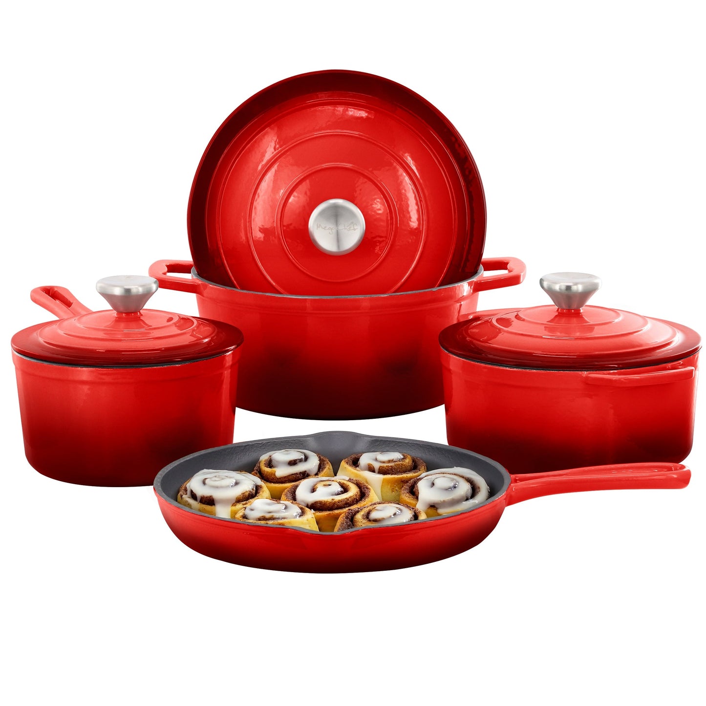 MegaChef 7 Piece Enameled Cast Iron Cookware Set in Red W2B