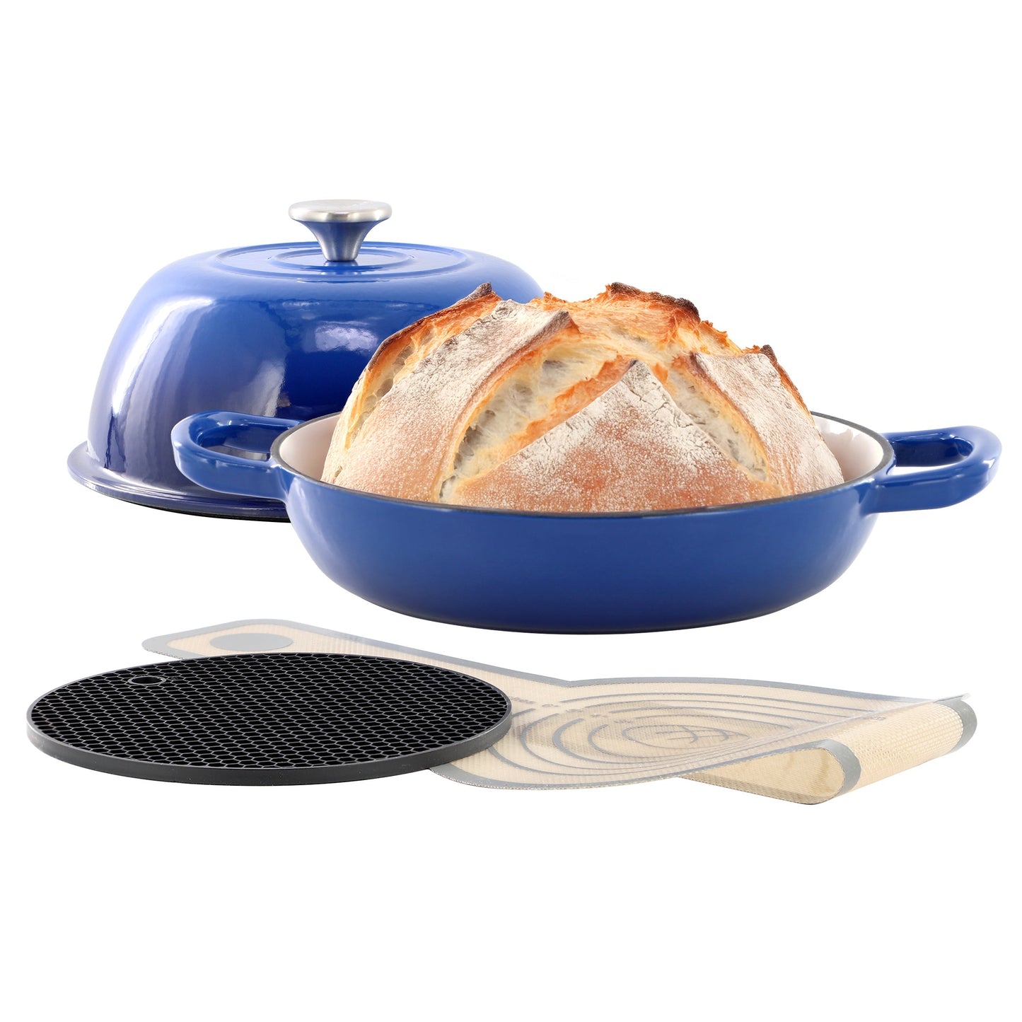 MegaChef 6 Quart Enameled Cast Iron Bread Pot in Blue with Baking Mat W2B