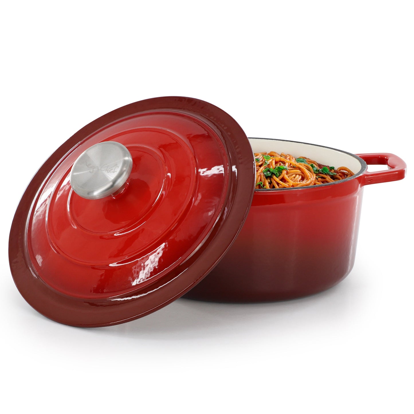 MegaChef 2.7 Quart Round Enameled Cast Iron Casserole in Gradient Red W2B