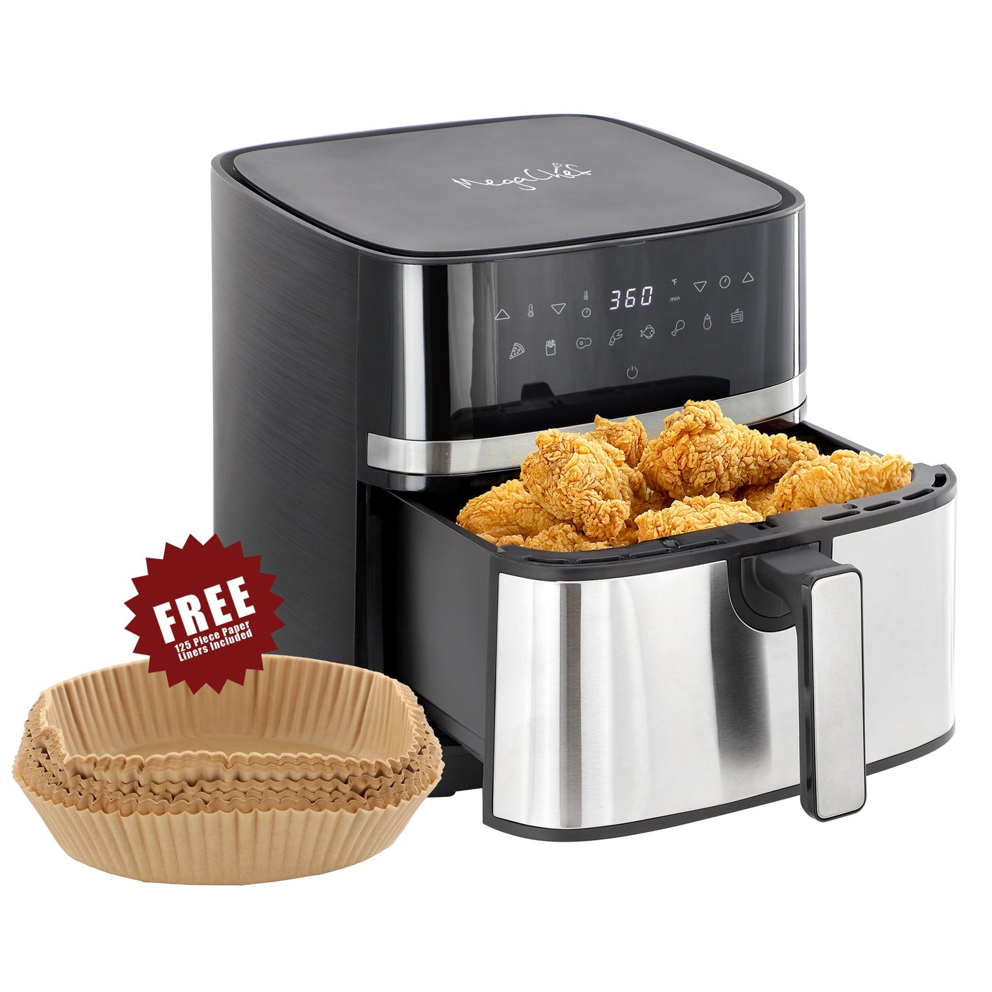 MegaChef 8.5 Quart Bundle Electric Air Fryer in Black and Stainless Steel with 125 Piece Paper Liners W2B