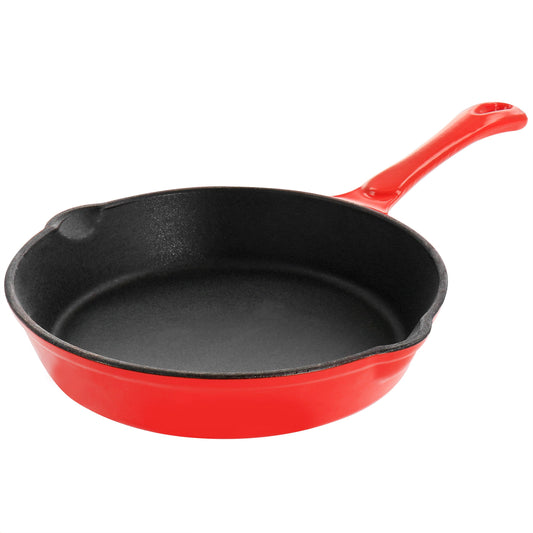 MegaChef Enameled Round 8 Inch PreSeasoned Cast Iron Frying Pan in Red W2B