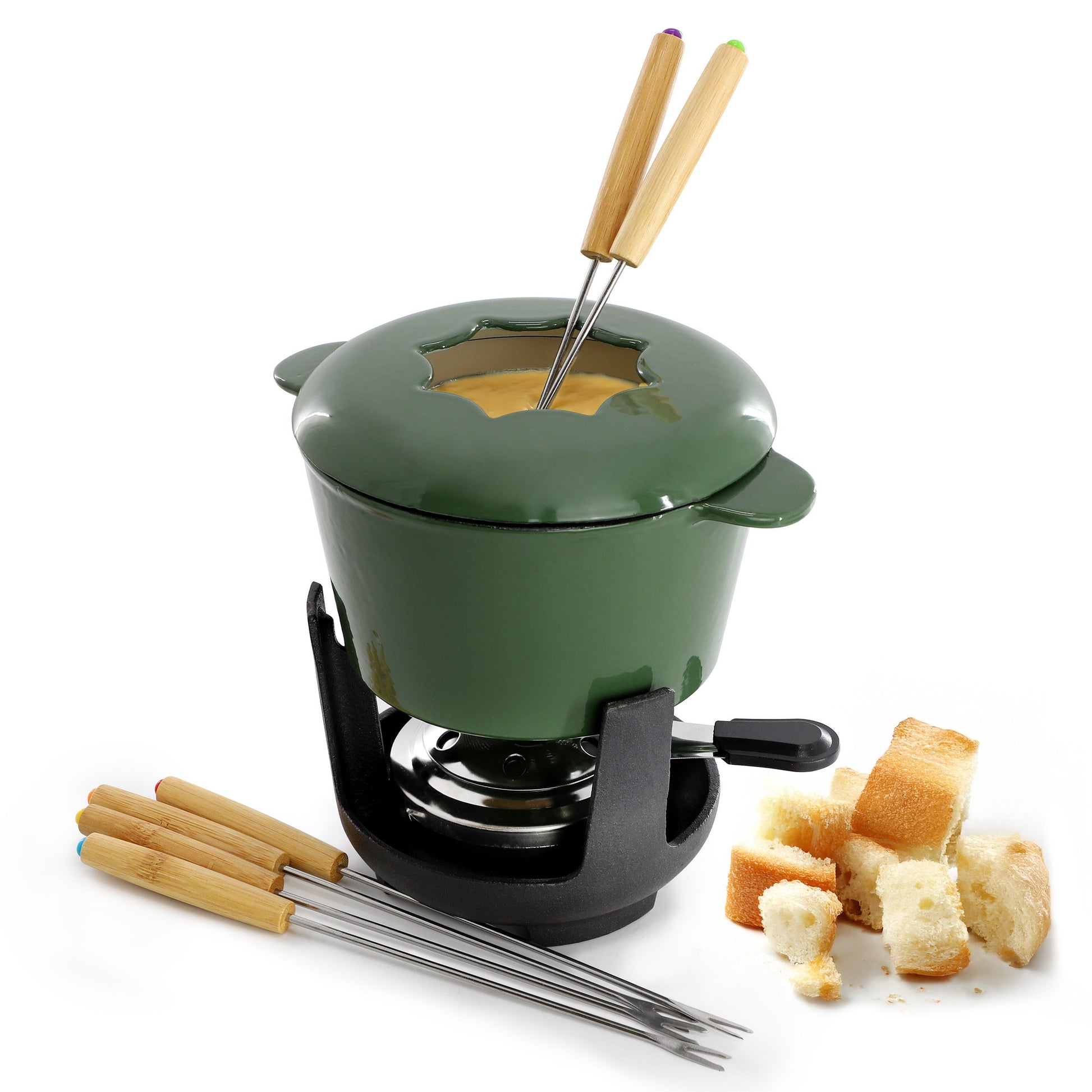 MegaChef Enameled Cast Iron Fondue Pot with 6 Serving Forks in Green W2B