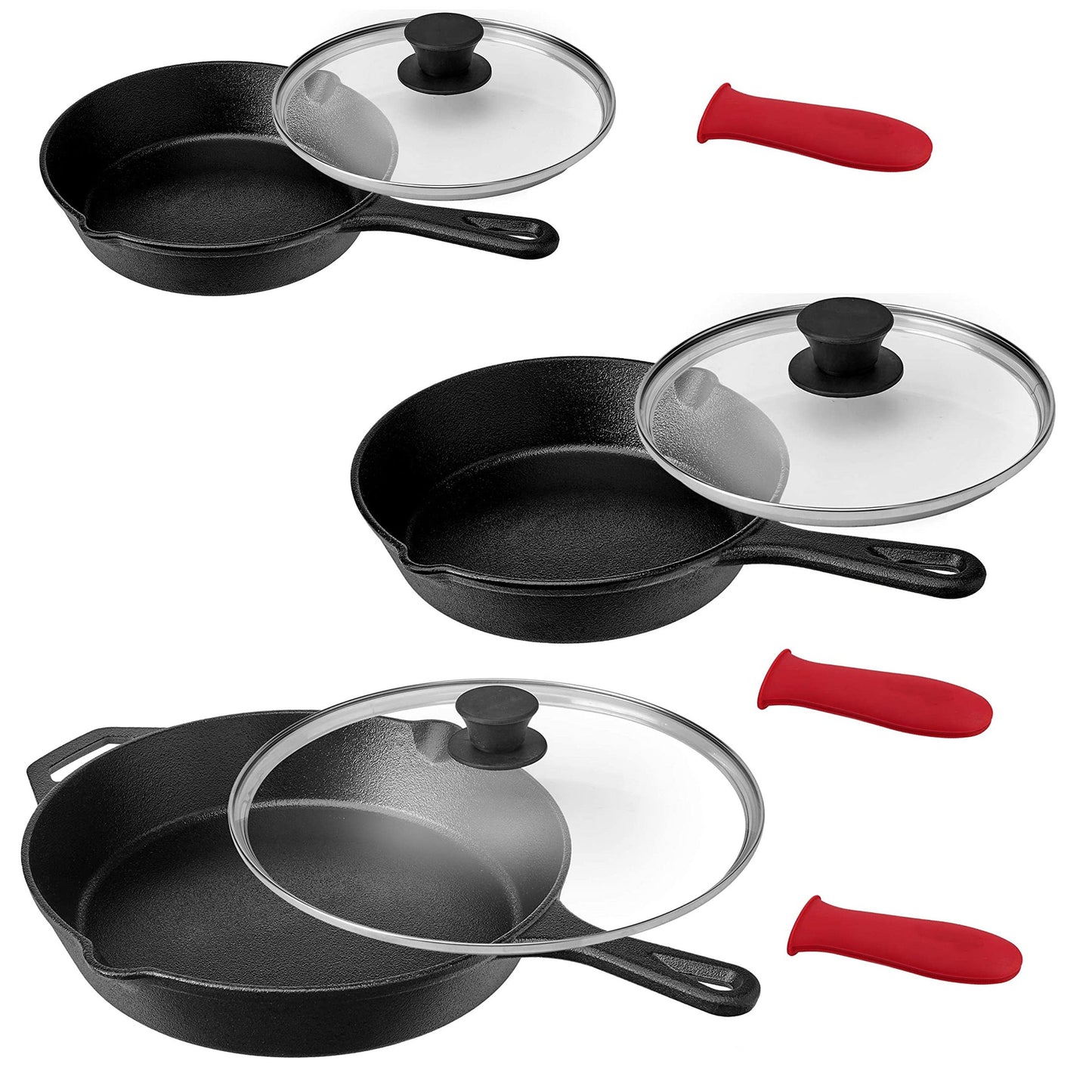 MegaChef Pre-Seasoned 9 Piece Cast Iron Skillet Set with Lids and Red Silicone Holder W2B