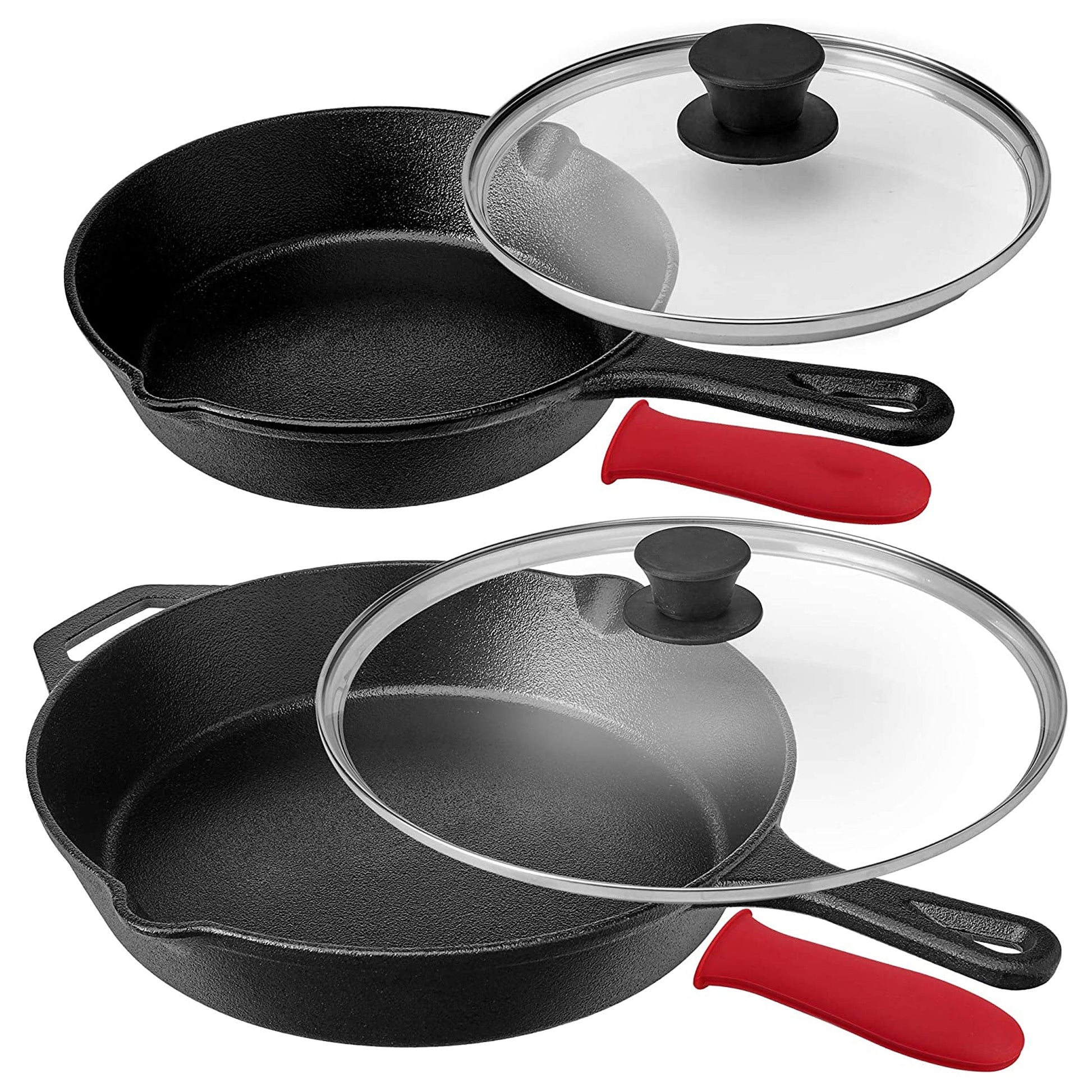 MegaChef Pre-Seasoned 6 Piece Cast Iron Skillet Set with Lids and Red Silicone Holders W2B
