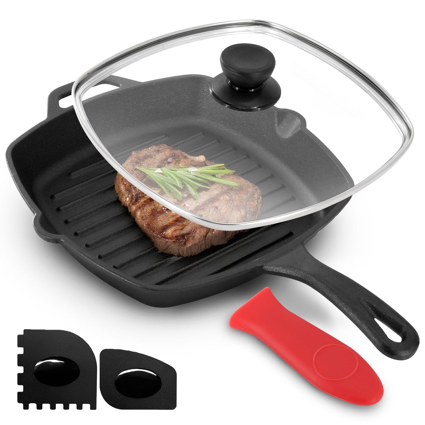 MegaChef 10.4 Inch Pre-Seasoned Cast Iron Griddle with Tempered Glass Lid W2B