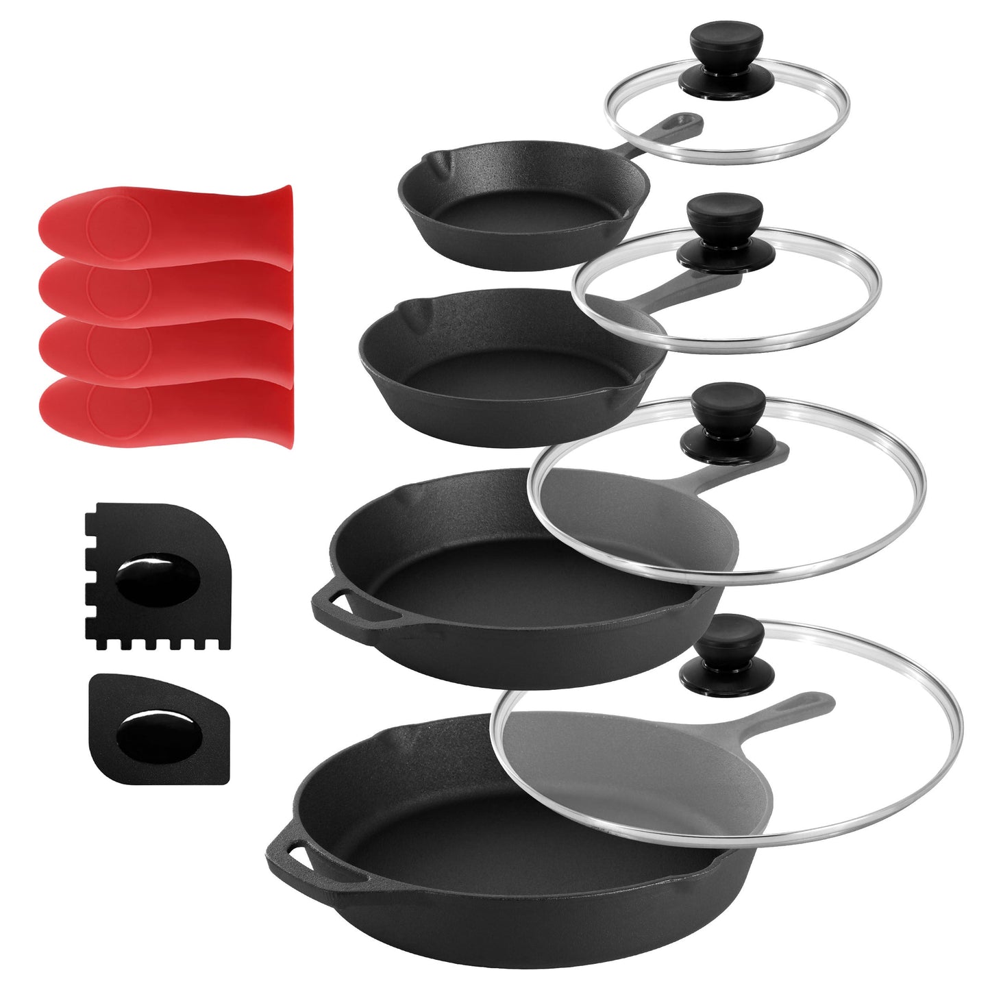 MegaChef 13 Piece Cast Iron Skillet Set with Tempered Glass Lids and Silicone Holders W2B