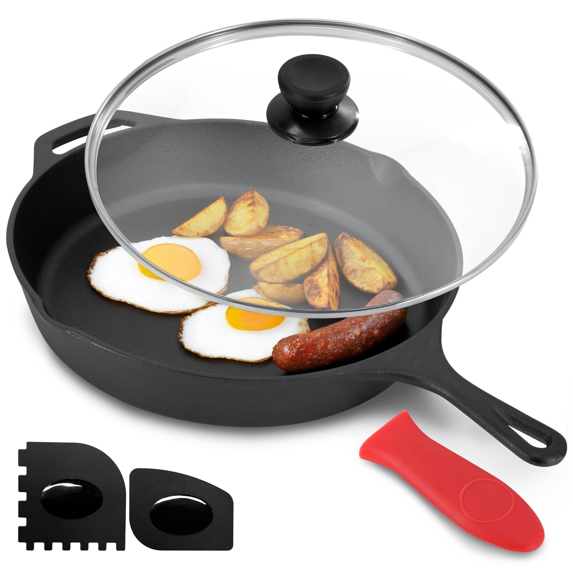 MegaChef 12 Inch Pre-Seasoned Cast Iron Skillet with Tempered Glass Lid W2B
