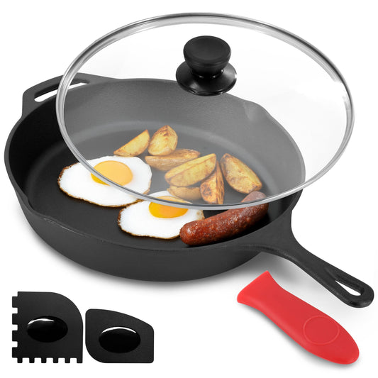 MegaChef 12 Inch Pre-Seasoned Cast Iron Skillet with Tempered Glass Lid W2B