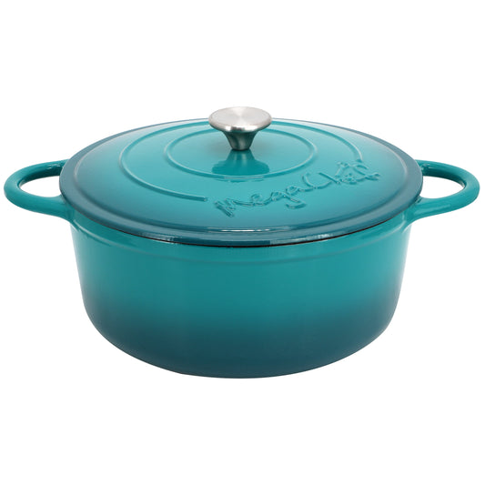 MegaChef 6.35 Quart Round Enameled Cast Iron Dutch Oven with Self Basting Lid in Teal W2B