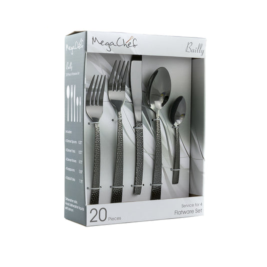 MegaChef Baily 20 Piece Flatware Utensil Set, Stainless Steel Silverware Metal Service for 4 in Black W2B