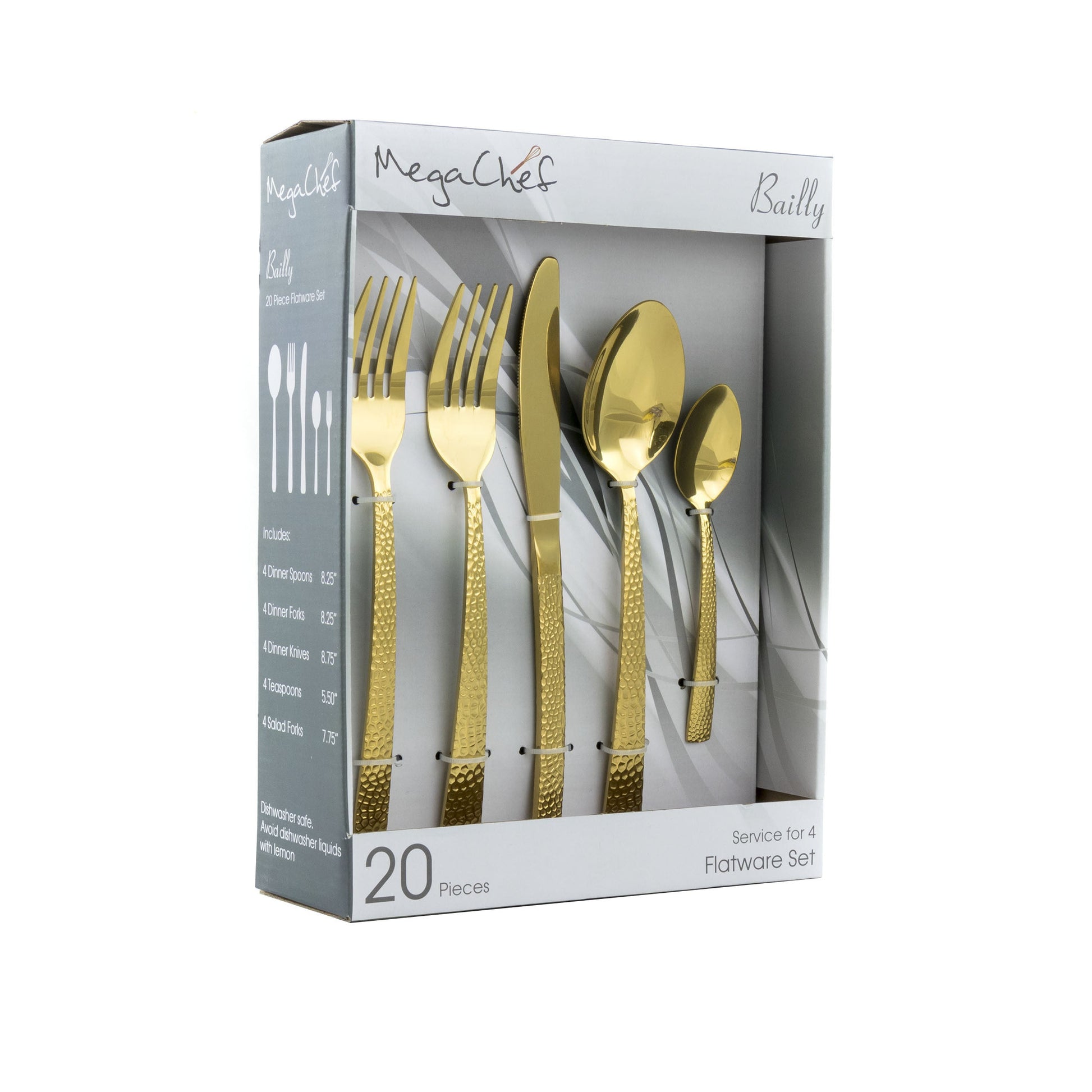 MegaChef Baily 20 Piece Flatware Utensil Set, Stainless Steel Silverware Metal Service for 4 in Gold W2B