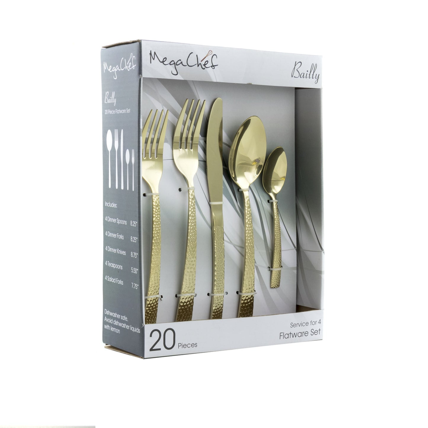 MegaChef Baily 20 Piece Flatware Utensil Set, Stainless Steel Silverware Metal Service for 4 in Light Gold W2B
