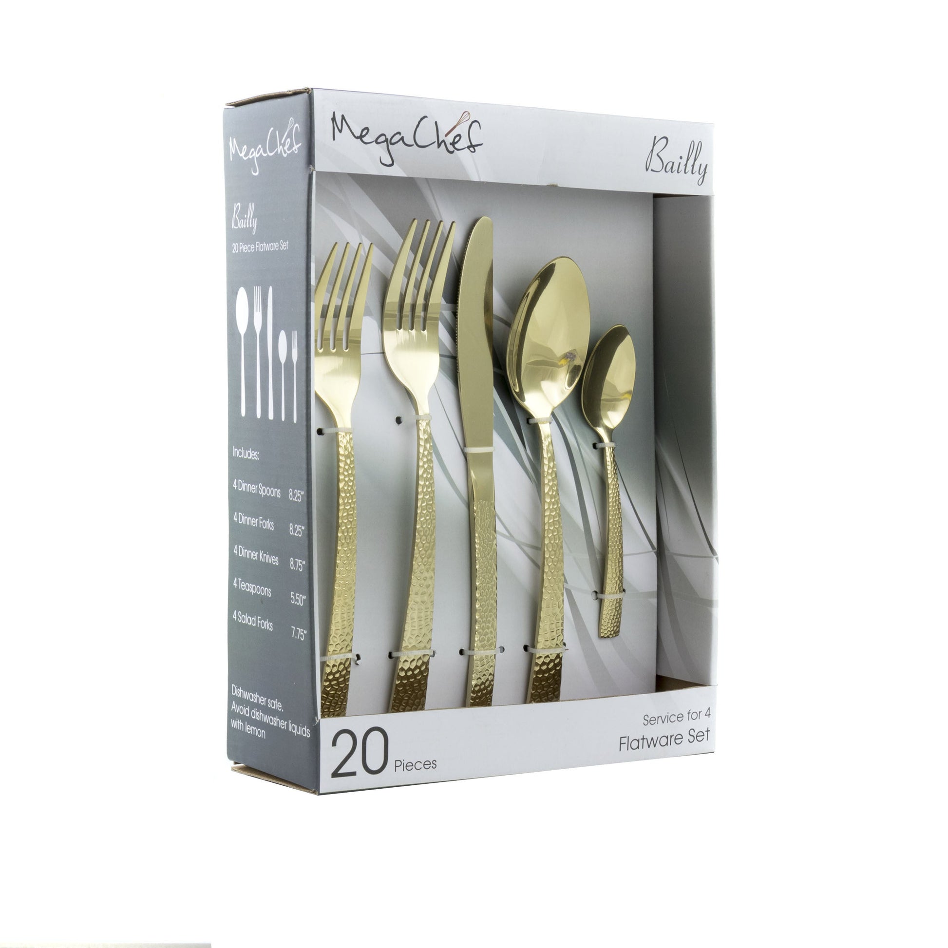 MegaChef Baily 20 Piece Flatware Utensil Set, Stainless Steel Silverware Metal Service for 4 in Light Gold W2B