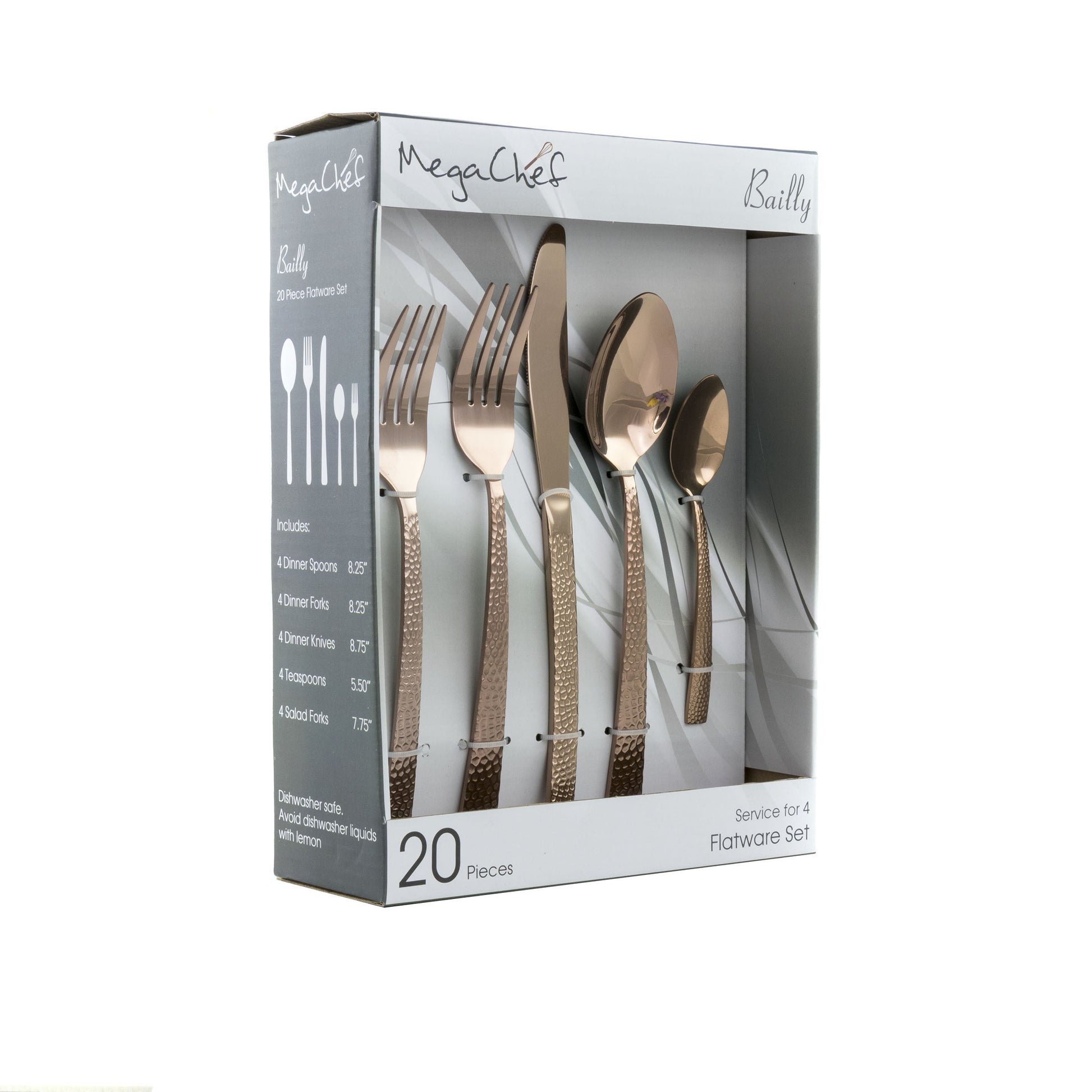 MegaChef Baily 20 Piece Flatware Utensil Set, Stainless Steel Silverware Metal Service for 4 in Rose Gold W2B