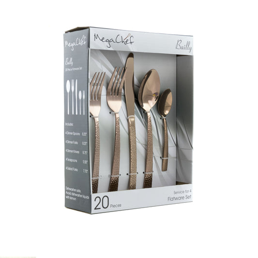 MegaChef Baily 20 Piece Flatware Utensil Set, Stainless Steel Silverware Metal Service for 4 in Rose Gold W2B