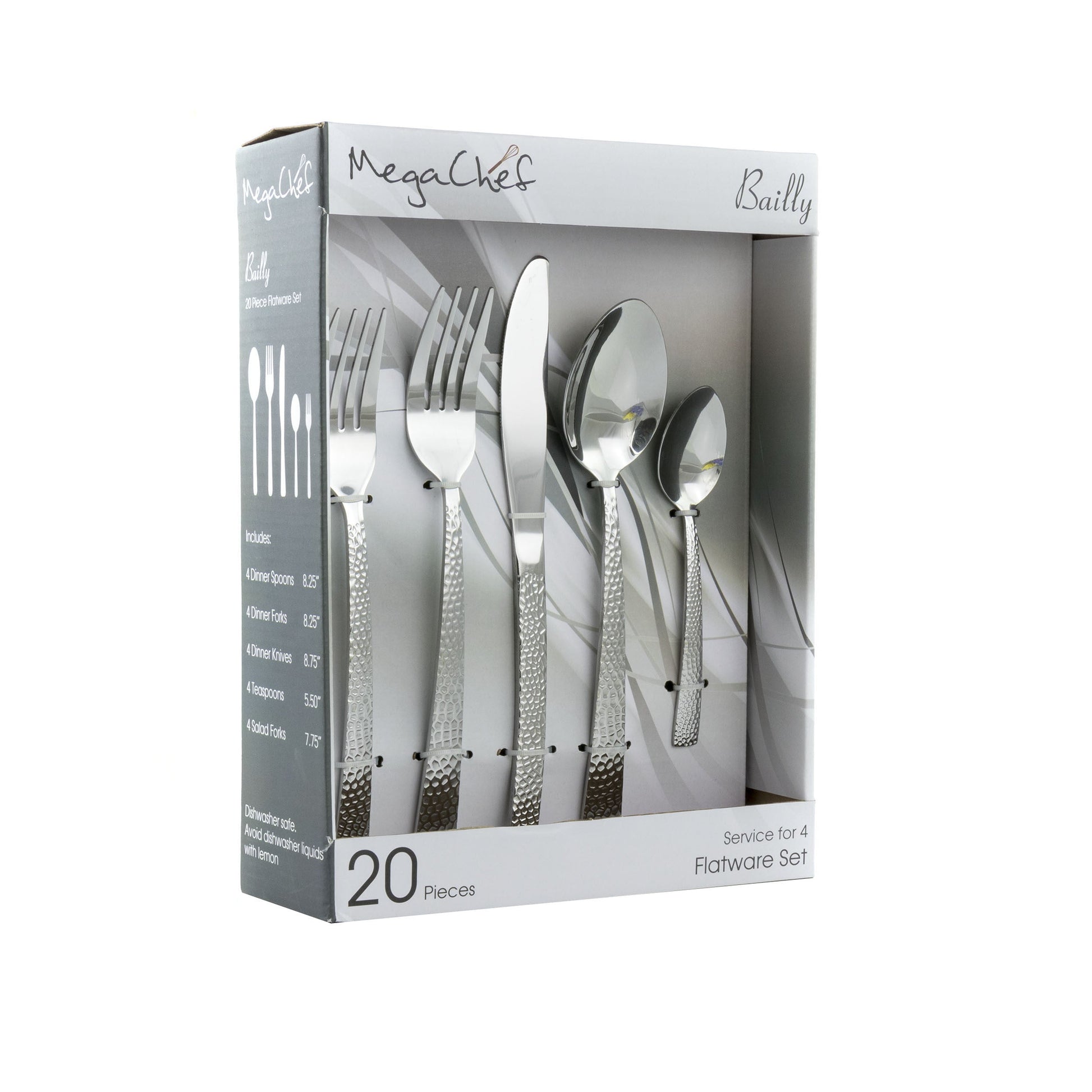 MegaChef Baily 20 Piece Flatware Utensil Set, Stainless Steel Silverware Metal Service for 4 in Silver W2B