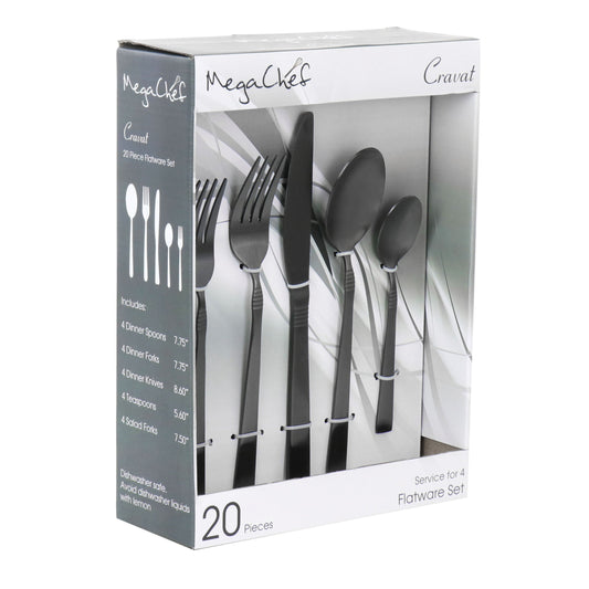 MegaChef Cravat 20 Piece Flatware Utensil Set, Stainless Steel Silverware Metal Service for 4 in Matte Black W2B
