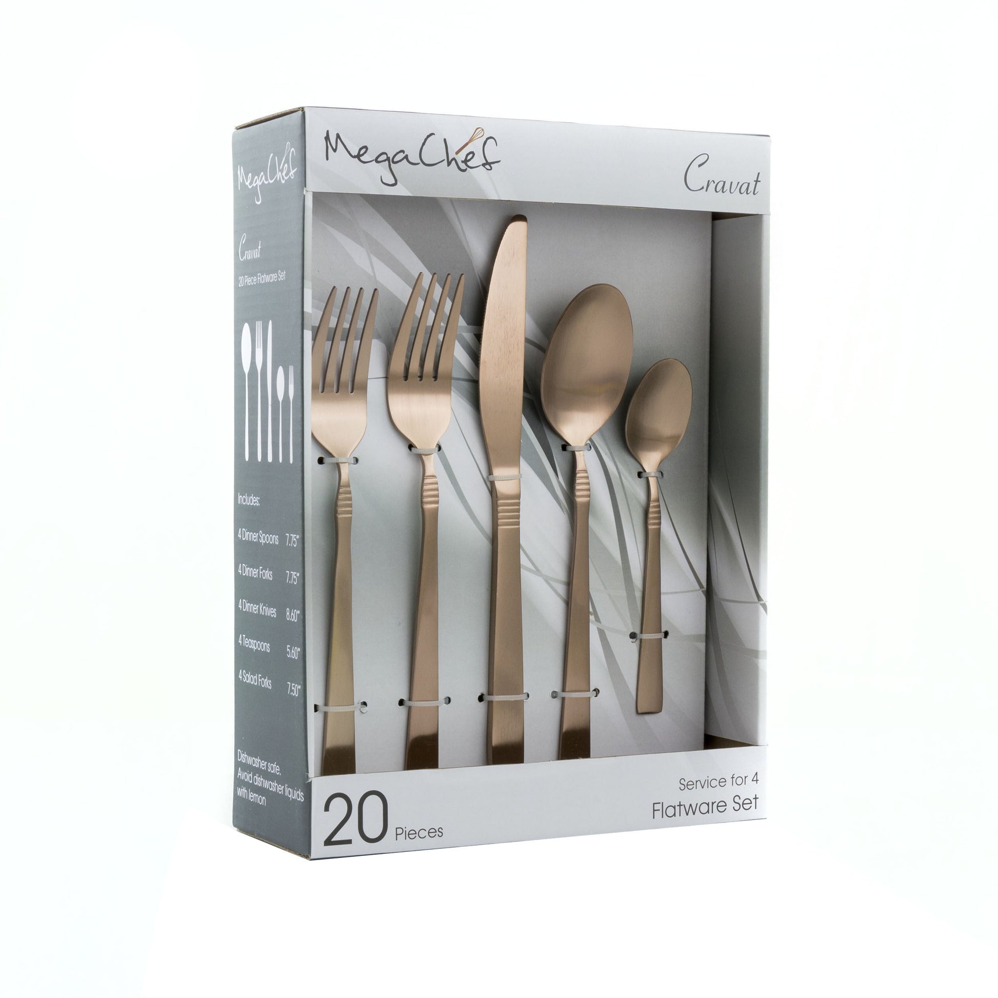MegaChef Cravat 20 Piece Flatware Utensil Set, Stainless Steel Silverware Metal Service for 4 in Matte Rose W2B