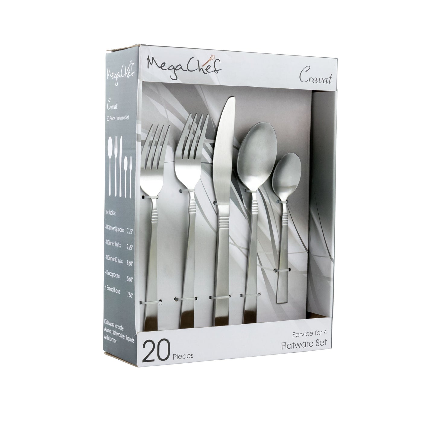 MegaChef Cravat 20 Piece Flatware Utensil Set, Stainless Steel Silverware Metal Service for 4 in Matte Silver W2B