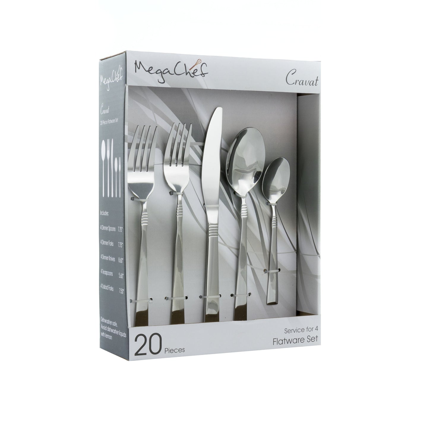 MegaChef Cravat 20 Piece Flatware Utensil Set, Stainless Steel Silverware Metal Service for 4 in Silver W2B