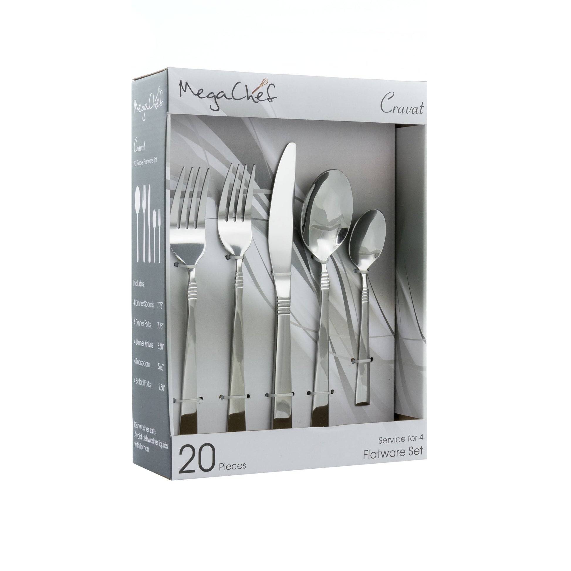 MegaChef Cravat 20 Piece Flatware Utensil Set, Stainless Steel Silverware Metal Service for 4 in Silver W2B